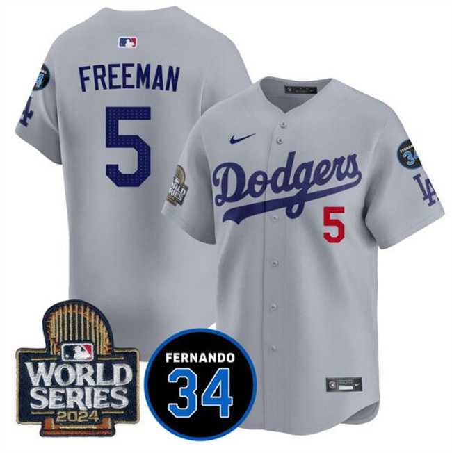 Mens Los Angeles Dodgers #5 Freddie Freeman Grey 2024 World Series With Fernando Memorial Patch Limited Stitched Jersey Dzhi